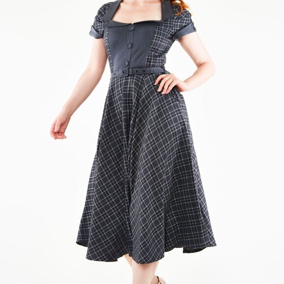 Grey Voodoo Vixen Ella Tartan Flare Dress - Picture 1 of 8